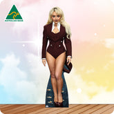 Cardboard cutout of a person wearing a maroon outfit with 'Australian Made' logo in the corner.